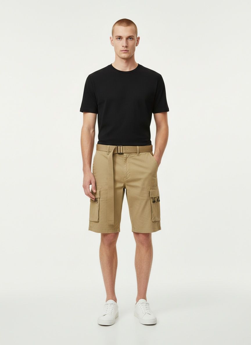 Multi-Pocket Casual Mid-Rise Men's Cargo Shorts for Summer Wear (Belt Not Included)