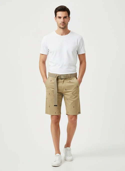 Embroidered Relaxed Fit Men's Cargo Shorts for Summer Casual Wear (Belt Not Included)