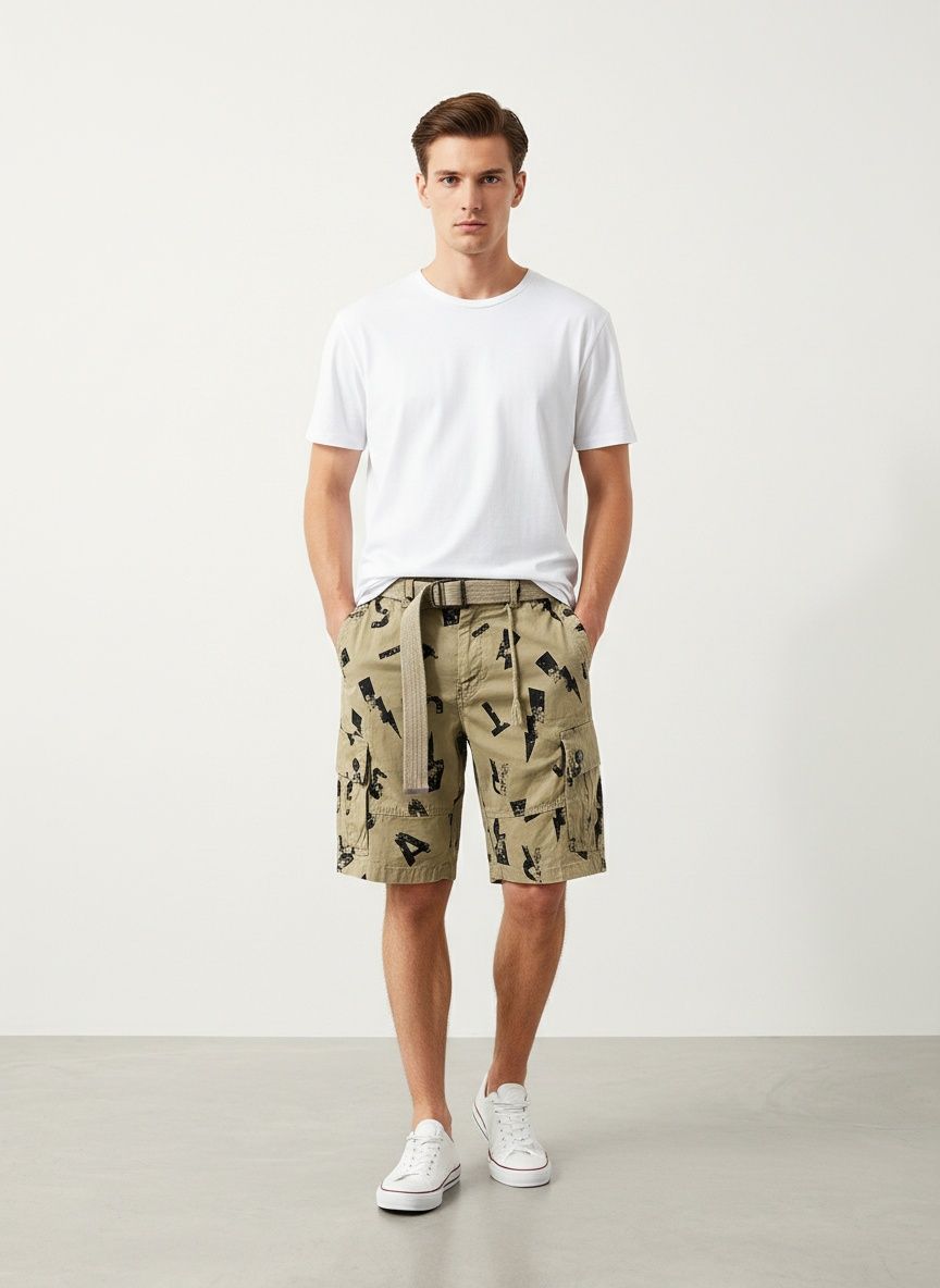 Letter Print Multi-Pocket Men's Cargo Shorts for Summer Casual Wear  (Belt Not Included)