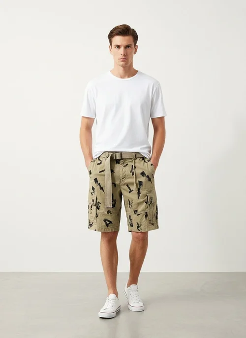 Letter Print Multi-Pocket Men's Cargo Shorts for Summer Casual Wear (Belt Not Included)