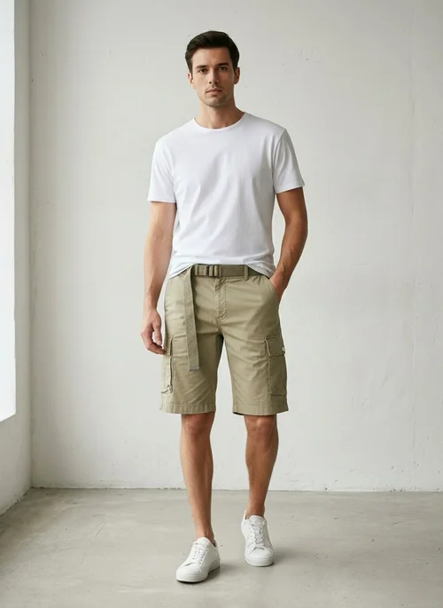 Relaxed Fit Functional Multi-Pocket Men's Cargo Shorts for Summer Streetwear (Belt Not Included)