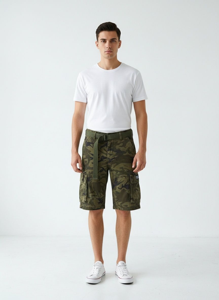 Herren-Cargoshorts mit Camouflage-Muster, Stretchanteil und lockerer Passform für sommerliche Freizeitkleidung (Gürtel nicht enthalten)