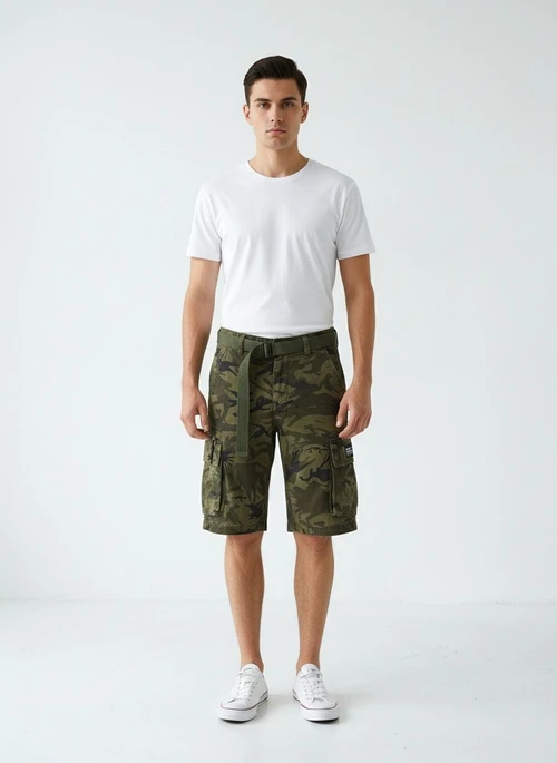 Short cargo homme coupe décontractée, extensible, motif camouflage, idéal pour l'été (ceinture non incluse)