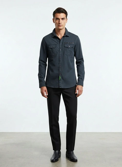 Camisa cargo elástica de inspiración vintage para hombre para uso informal