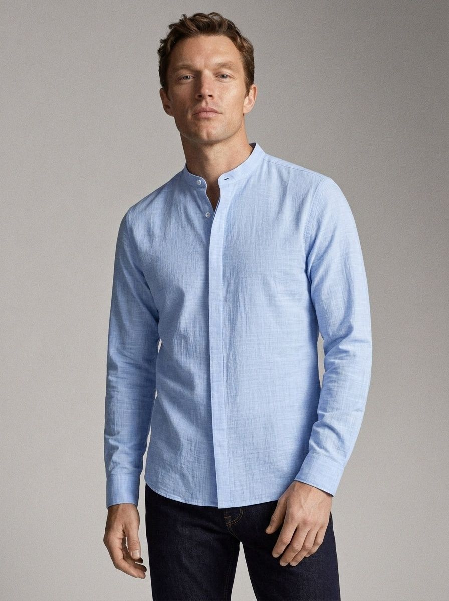 Camisa de hombre con cuello alto y tacto de lino - Manga larga informal