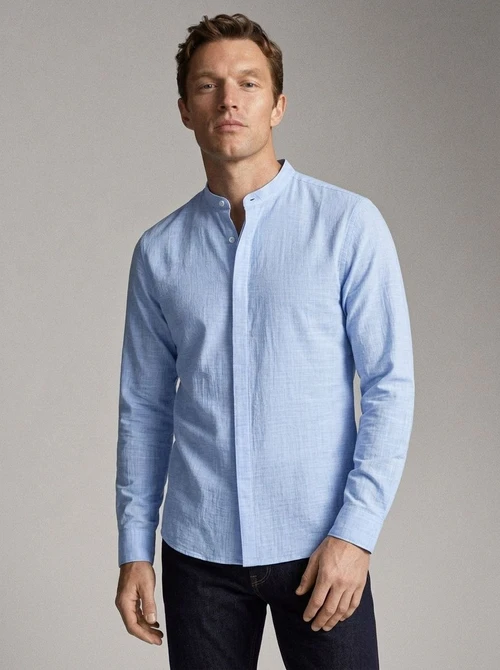 Camisa de hombre con cuello alto y tacto de lino - Manga larga informal