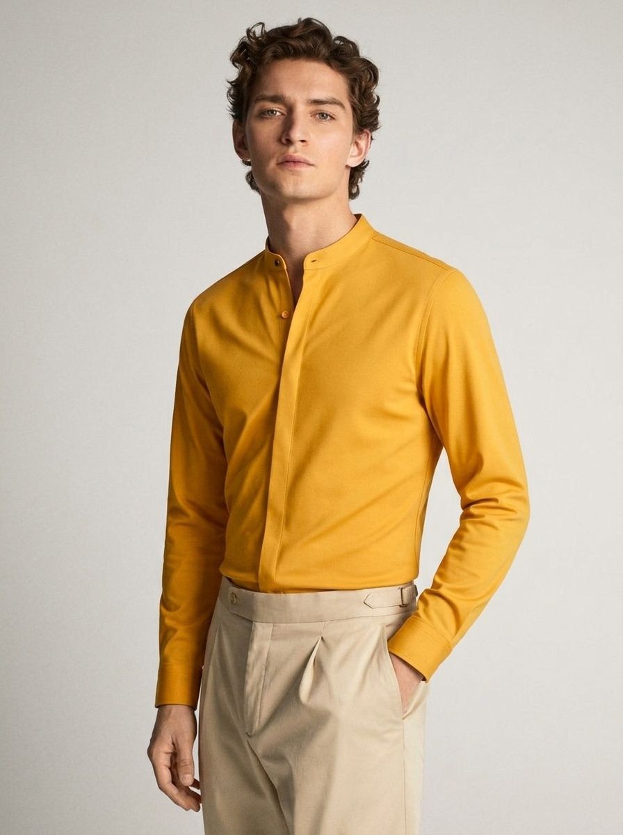 Camisa de hombre de corte ajustado con cuello mao - Estilo casual de negocios