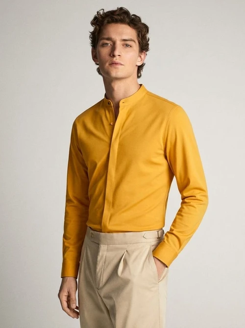 Camisa de hombre de corte ajustado con cuello mao - Estilo casual de negocios