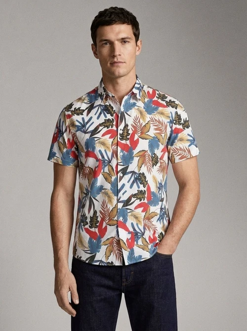 Camisa de manga corta elástica con estampado digital hawaiano para hombre - Camisa fresca y sin arrugas