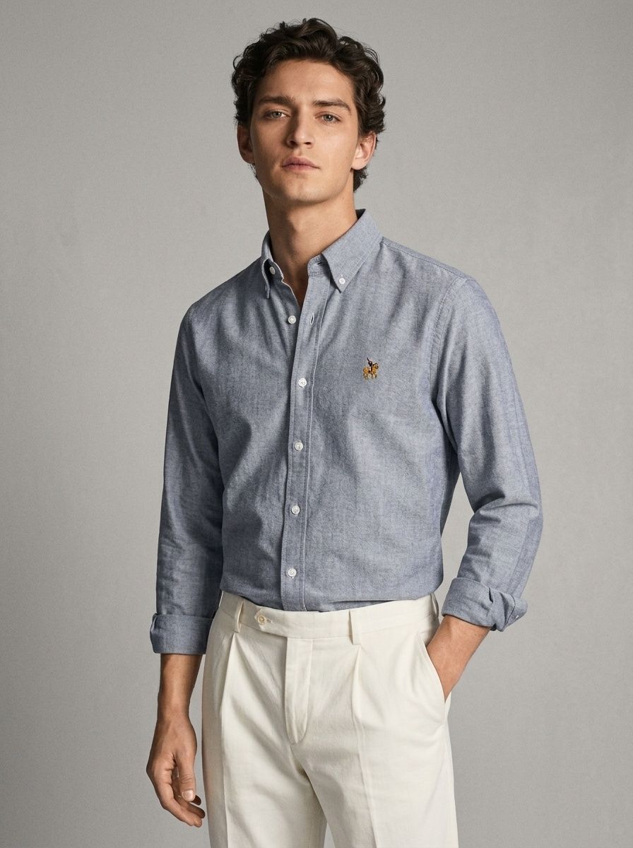 Camisa de manga larga para hombre de algodón puro, tejido Oxford, color liso.