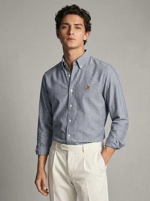 Chemise à manches longues pour homme en pur coton, tissu Oxford, couleur unie