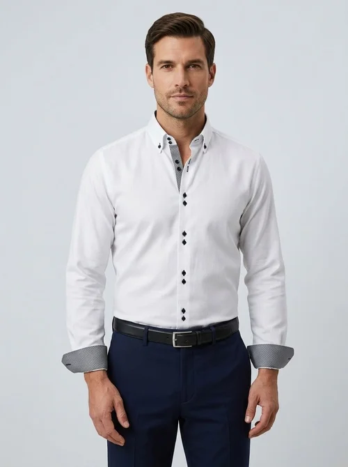 Camicia da uomo con colletto alla coreana - Tessuto effetto lino antipiega