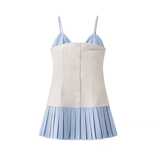Poplin Patchwork V-Neck Sleeveless Cami Dress KUN-00008