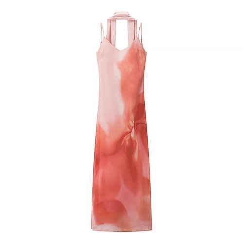 Women's Tie-Dye Print Dress with Scarf Elegant Fashion KUN-00081