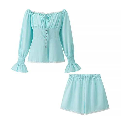 Conjunto de top con mangas farol y pantalones cortos de cintura alta para mujer KUN-00009