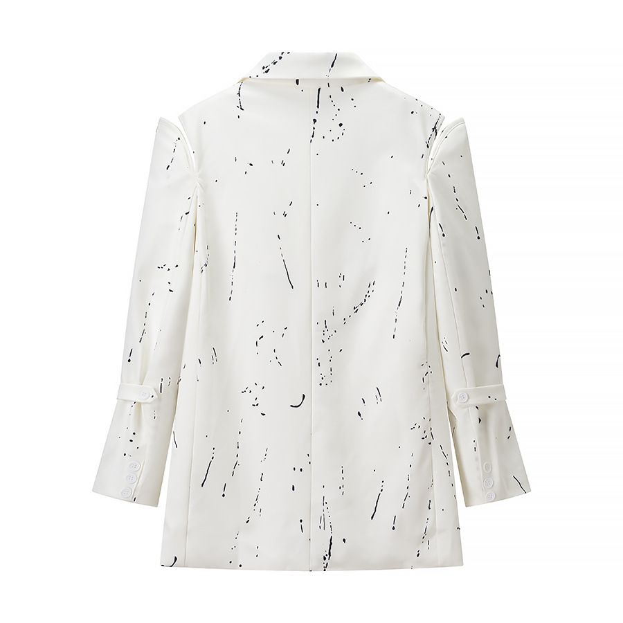 Women's Blazer V Neck Padded Shoulder Graffiti Deconstructed Jacket KUN-00021