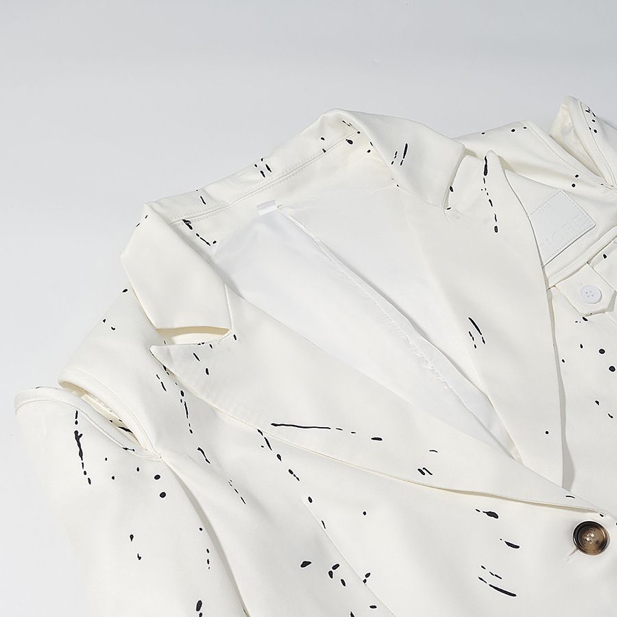 Women's Blazer V Neck Padded Shoulder Graffiti Deconstructed Jacket KUN-00021