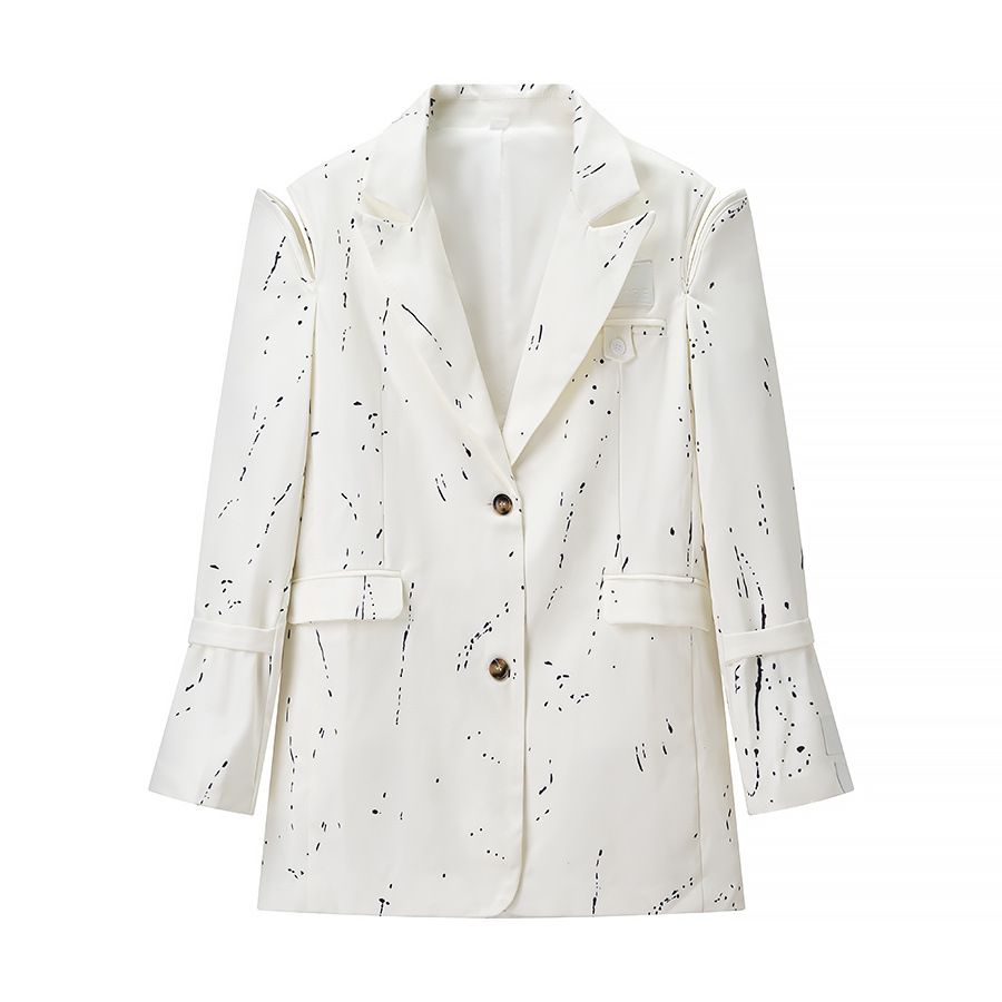 Blazer femme col V épaulettes rembourrées style graffiti, veste déstructurée KUN-00021