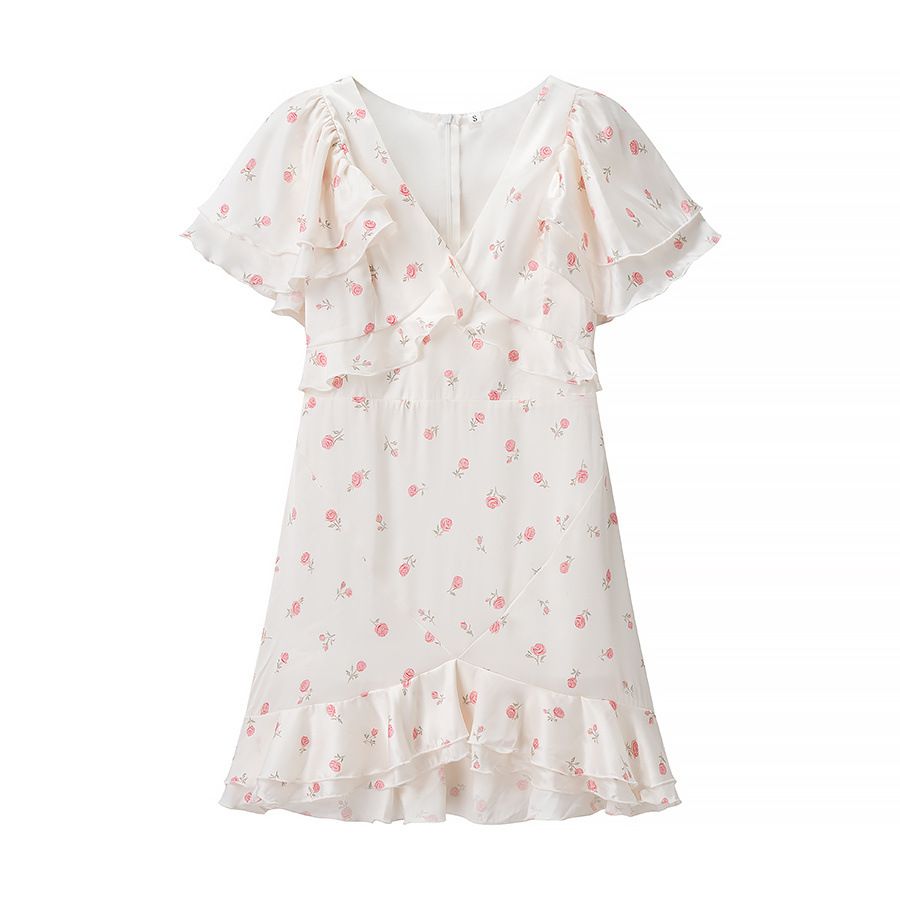 Floral Silk Dress Versatile Casual KUN-00089