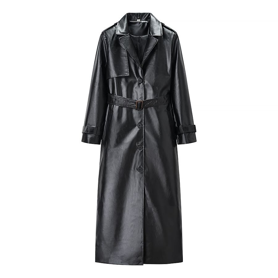 Faux Leather Long Trench Coat - Stylish Casual Outerwear KUN-00029