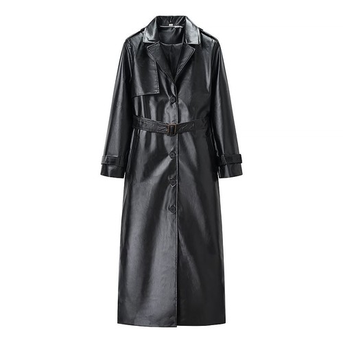Faux Leather Long Trench Coat - Stylish Casual Outerwear KUN-00029