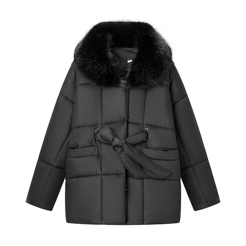 Women's Padded Cotton Coat with Fur Collar and Belt KUN-00005
