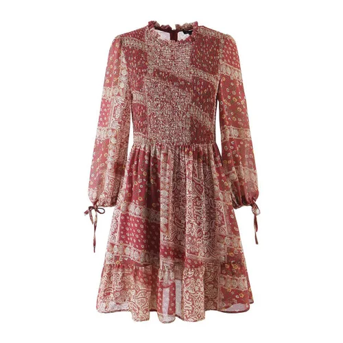 Women's Floral Print Dress - Elegant Bow Cuff A-Line KUN-00159