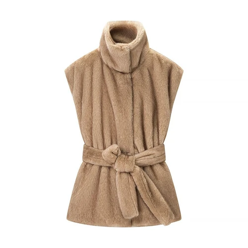 Chaleco de piel sintética de visón con cinturón - Elegante chaleco para mujer KUN-00087