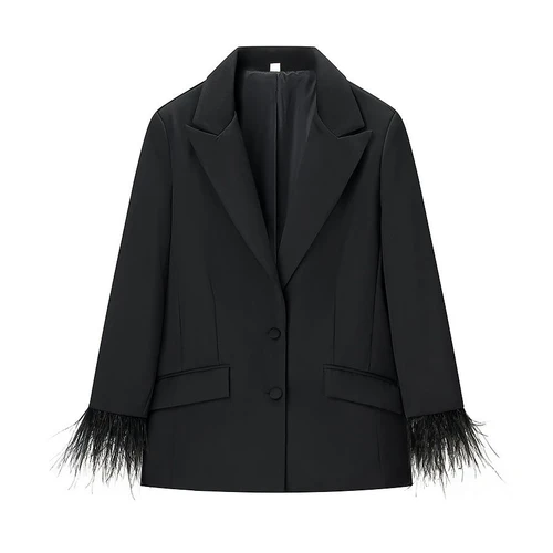 Conjunto de chaqueta con ribete de plumas y pantalón de cintura alta para mujer KUN-00111