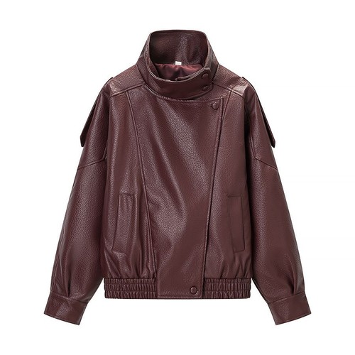 Chaqueta de motociclista clásica de cuero con textura de lichi para mujer KUN-00012