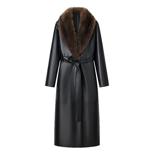 Faux Leather Long Coat Detachable Fur Collar KUN-00045
