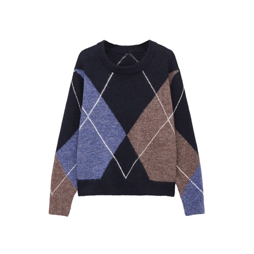 Suéter de punto con estampado de rombos, top informal y elegante KUN-00016