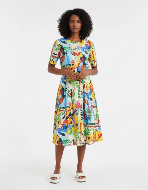 Completo composto da crop top stampato e gonna midi a tema tropicale KUN-00085