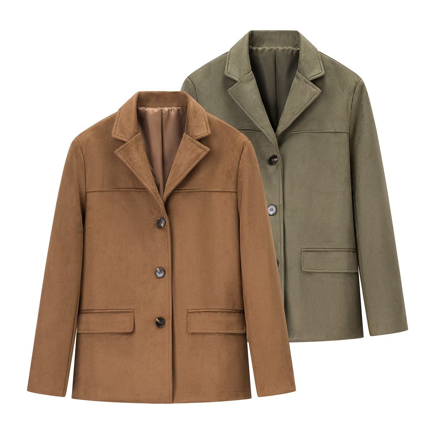 Blazer retro de manga larga con bolsillos para mujer, color marrón, talla grande, KUN-00013
