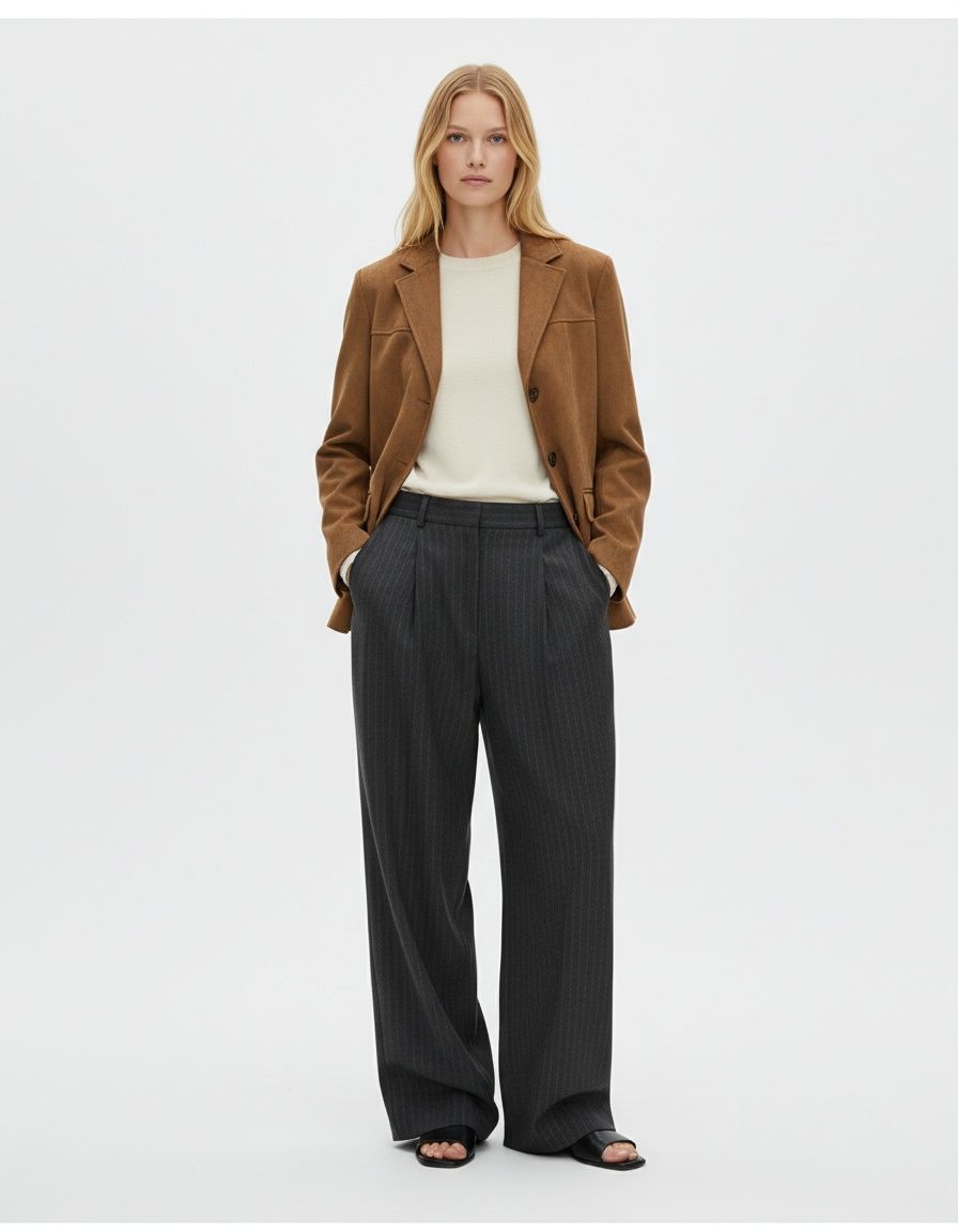 Blazer da donna oversize marrone a maniche lunghe con tasche, stile retrò KUN-00013