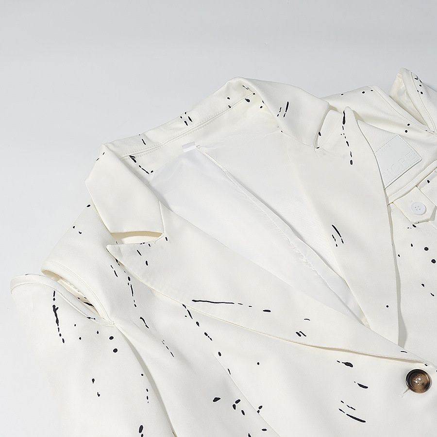 Women's Blazer V Neck Padded Shoulder Graffiti Deconstructed Jacket KUN-00021