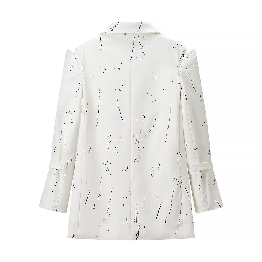 Women's Blazer V Neck Padded Shoulder Graffiti Deconstructed Jacket KUN-00021