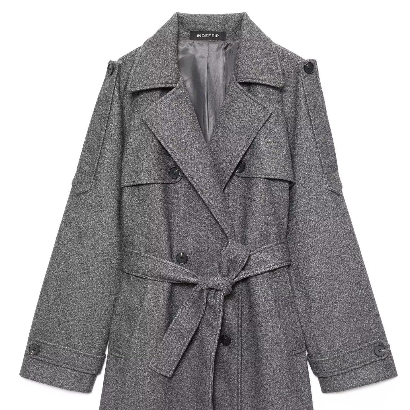Cappotto in misto lana con cintura, stile retrò chic, modello KUN-00019