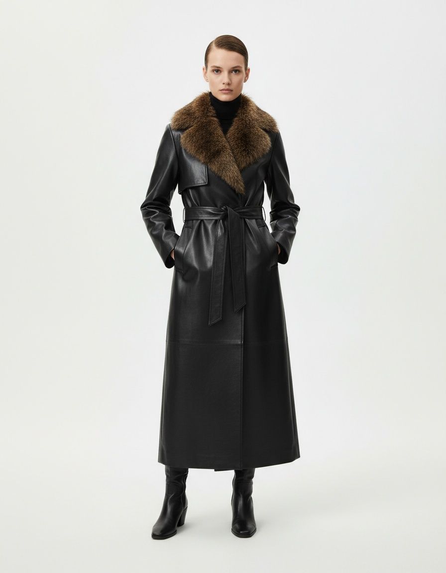 Cappotto lungo in similpelle con collo in pelliccia removibile KUN-00045