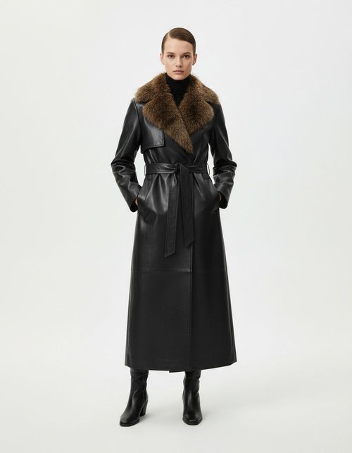 Faux Leather Long Coat Detachable Fur Collar KUN-00045