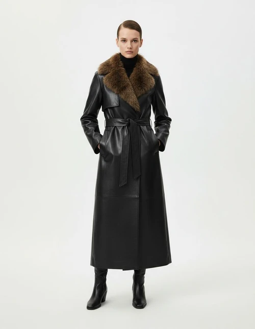 Cappotto lungo in similpelle con collo in pelliccia removibile KUN-00045