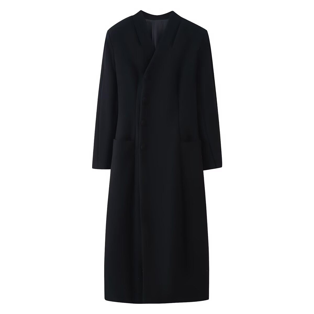Wool Blend Overcoat - Shoulder Pad, Button Detail KUN-00056