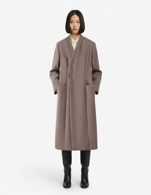 Wool Blend Overcoat - Shoulder Pad, Button Detail KUN-00056