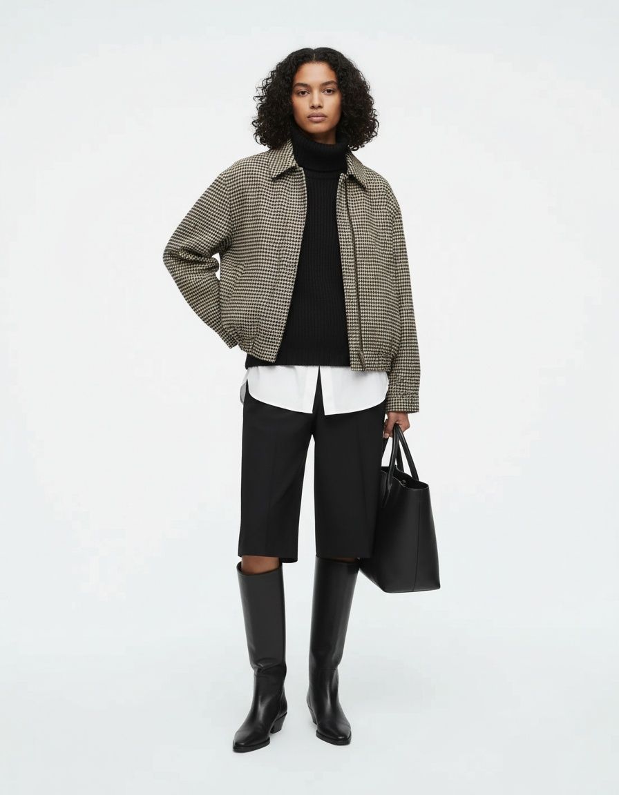 Houndstooth Padded Shoulder Bomber Jacket KUN-00042