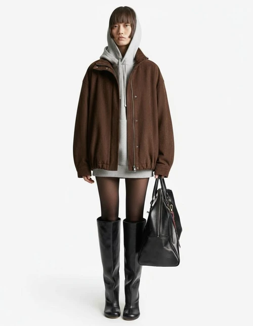 Giacca corta in pelle scamosciata, vestibilità ampia e retrò, modello KUN-00045