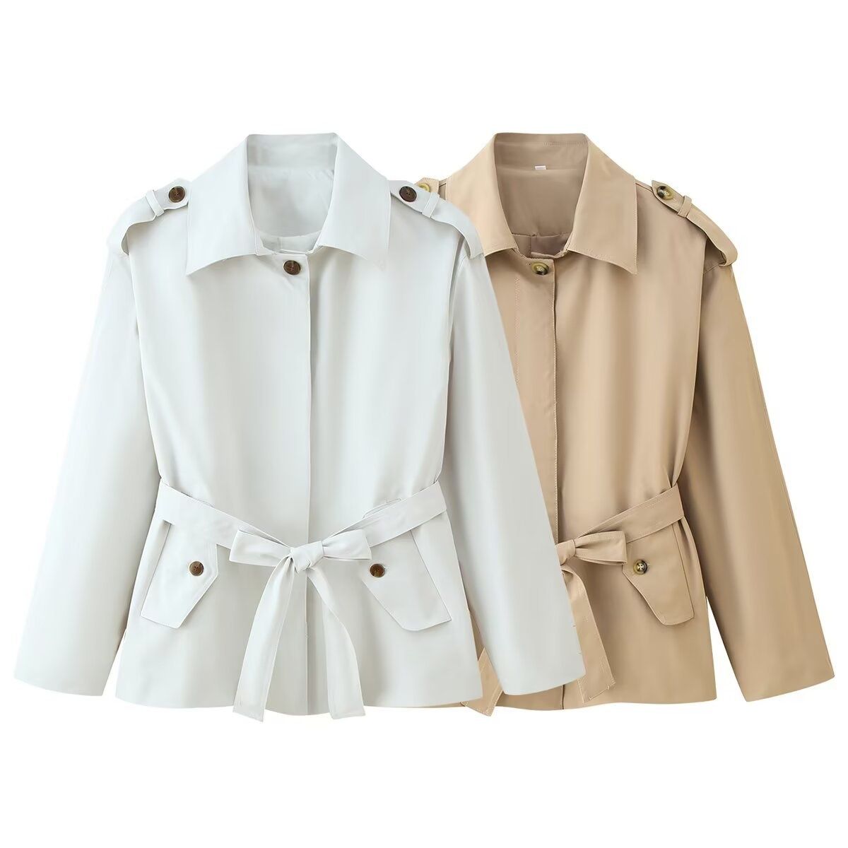 Women's Trench Coat Belted Lapel Short Jacket KUN-00073