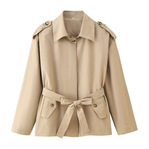 Gabardina corta con solapa y cinturón para mujer KUN-00073