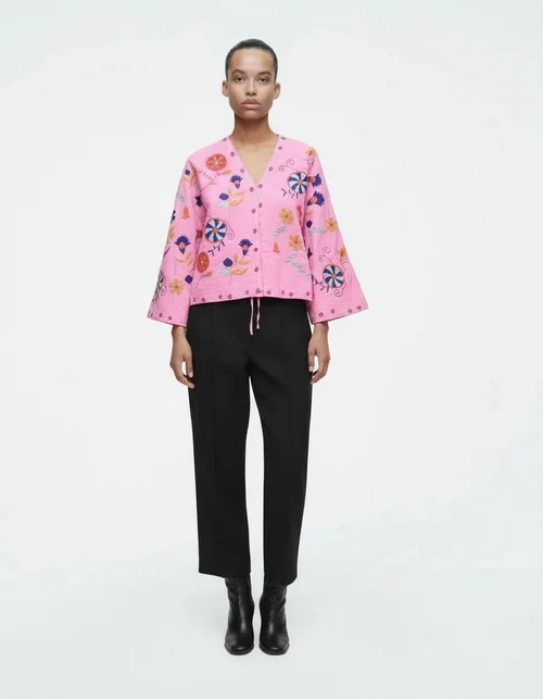 Chaqueta de lino bordada para mujer - Prenda de abrigo elegante KUN-00083