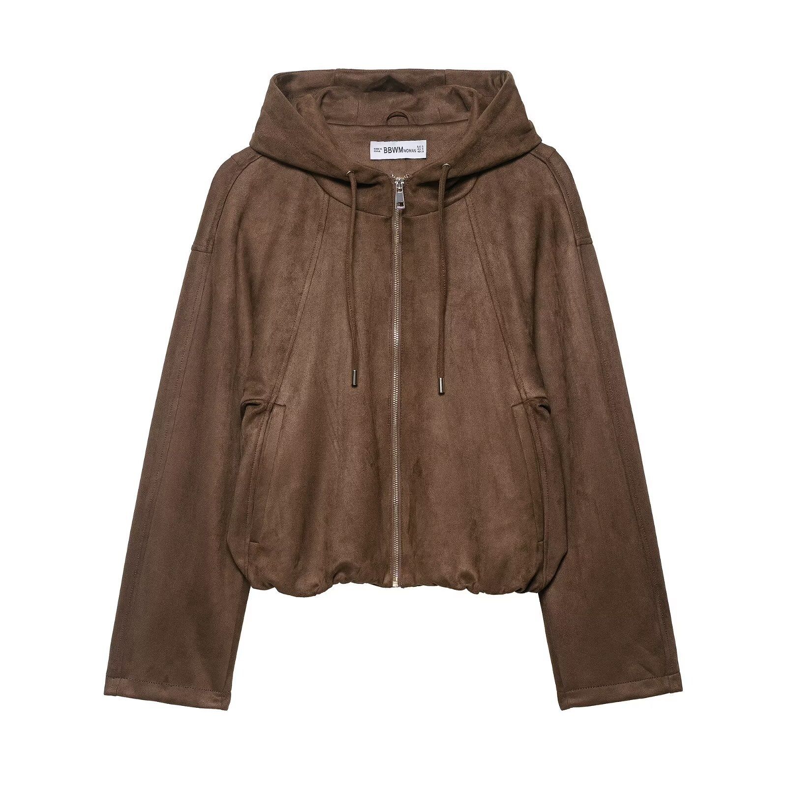 Suede Bomber Jacket Women's Hooded Aviator Jacket KUN-00086