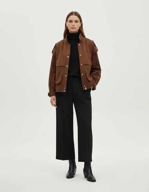 Giacca in pelle scamosciata da donna, modello oversize con spalle larghe e tasche, KUN-00125